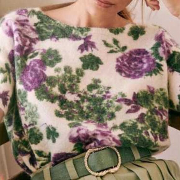 Sezane Sweaters - BEST Sezane Adriana Cardigan Violet Green Flowers French Knit Sweater Mohair